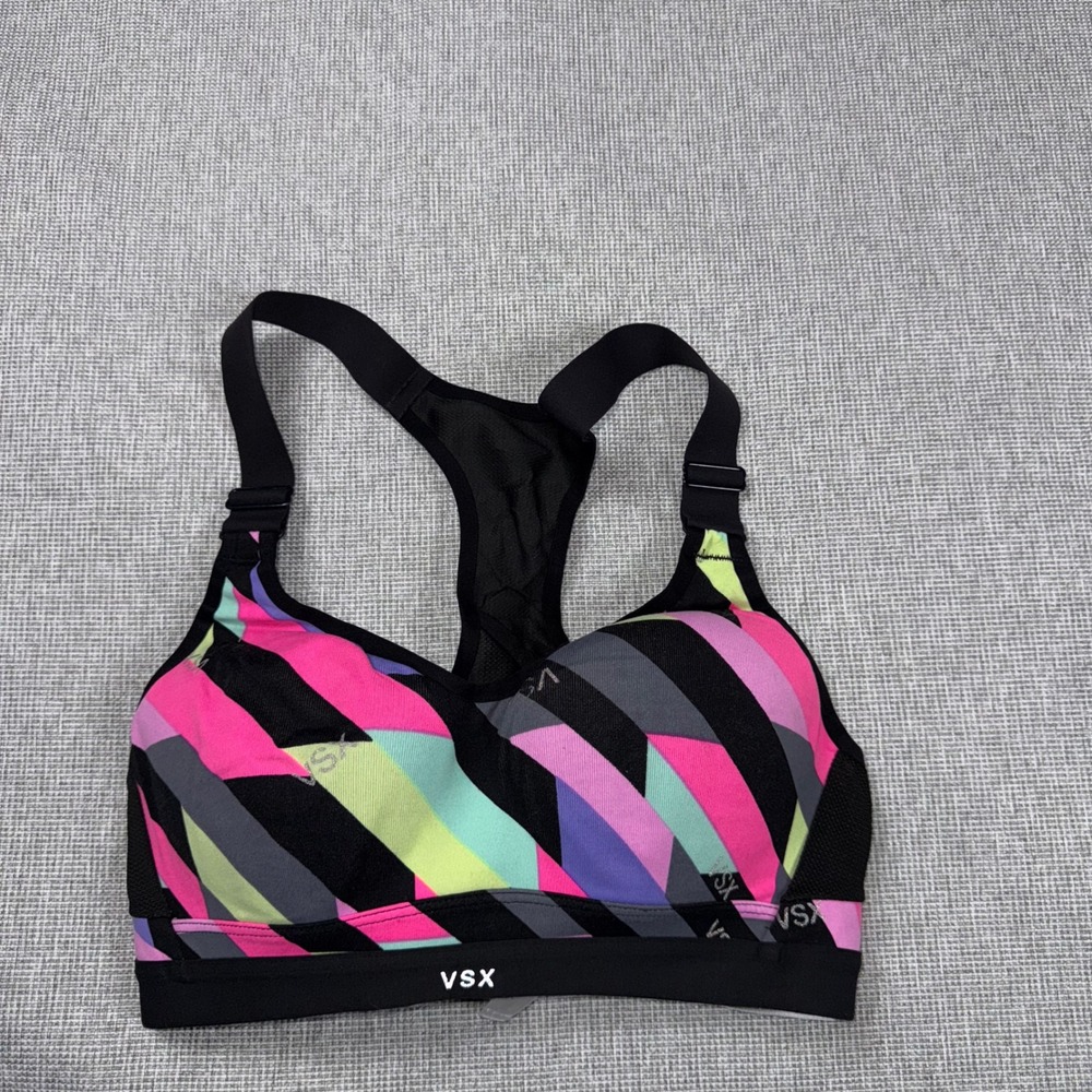 Victoria's Secret VSX Sport Bra 32B Pink Purple Geometric Racerback Padded